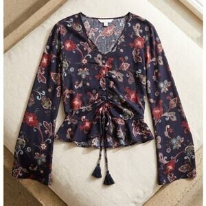 Gypsies & Moondust Floral Ruched Blouse - Size XS - Boho Bell Sleeve
